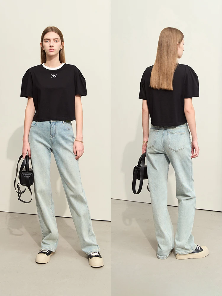 Amii-女性用半袖コットンTシャツ、ラウンドネックレス、半袖、コットン、分割、夏、新しい、12422066