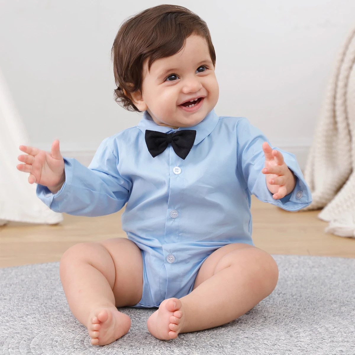 Baby Boy Dress Shirt Infant Button Down Bodysuit Easter Formal Short Sleeve One Piece Gentlemen Wedding Romper 3 to 18Mths Blue