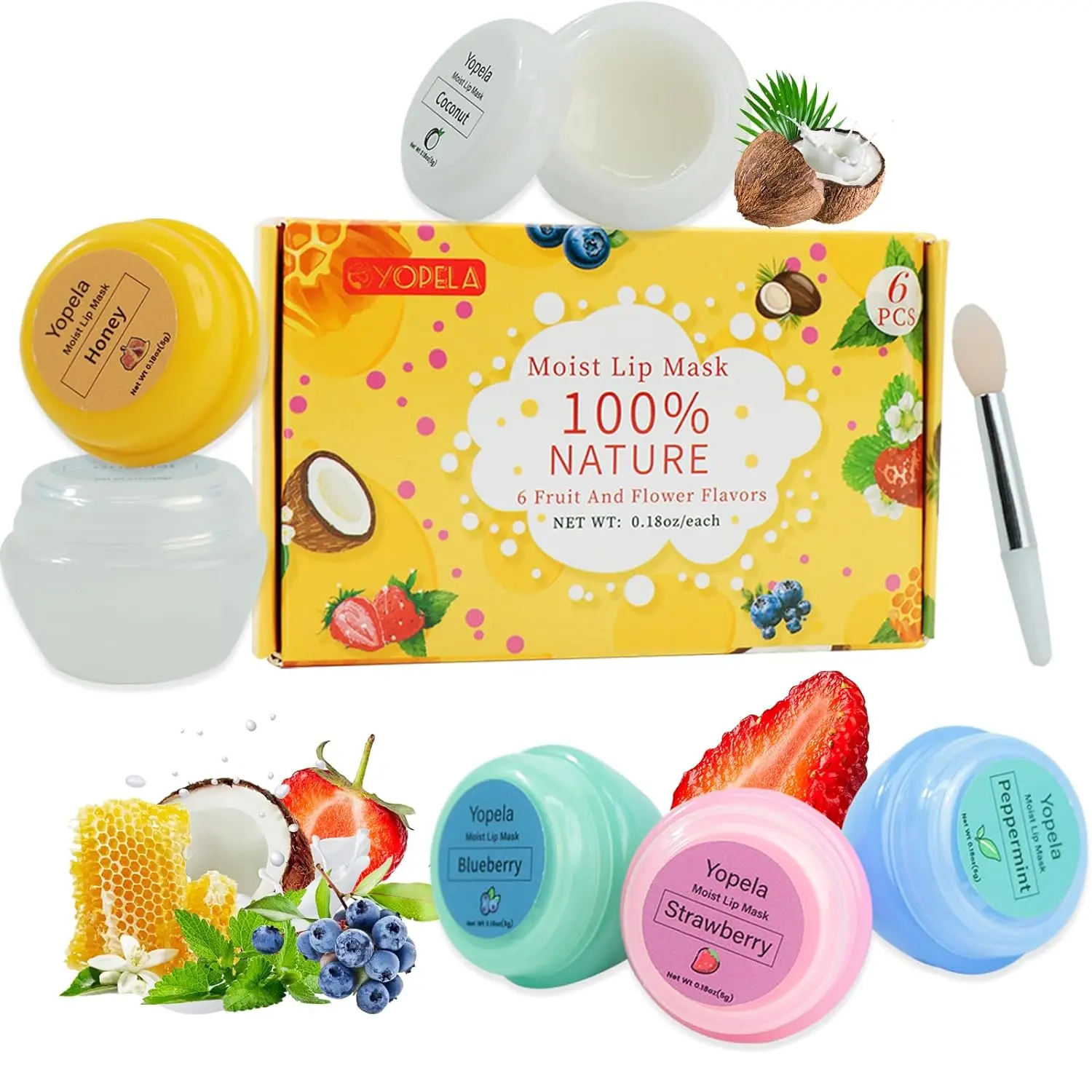 Masques pour les lèvres à l'huile de noix de coco, cire d'abeille, cadeaux de fête des mères pour sécher les lèvres pendant le sommeil, hydrater lisse, maquillage, ensemble de 6 pièces