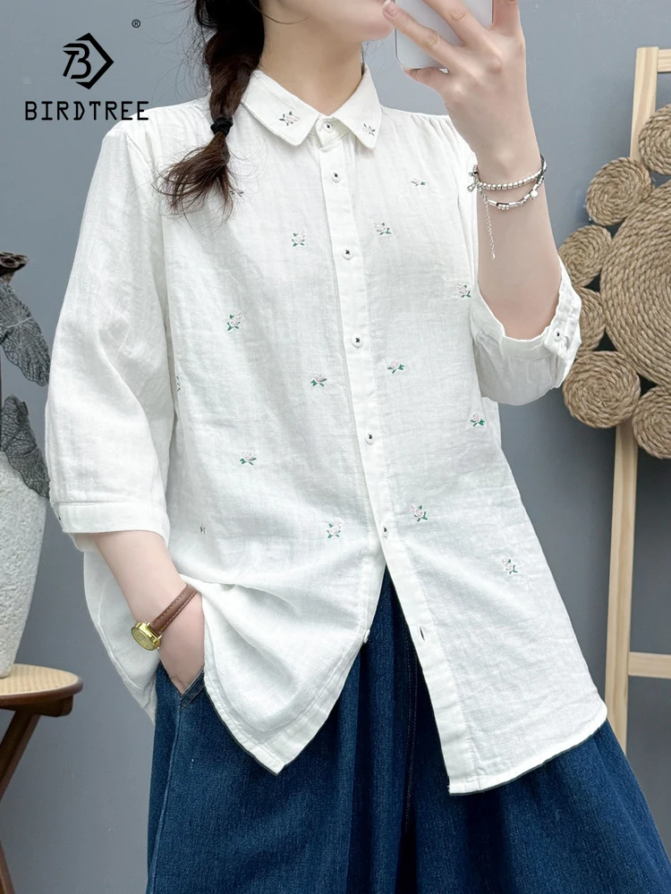 

Новая летняя женская блузка из хлопковой пряжи с коротким рукавом, отложным воротником и вышивкой, в стиле Mori Girl, повседневная, тонкая, свободного кроя T64651CC