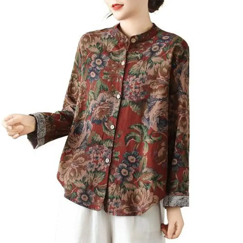 Blusa de lino y algodón para mujer, camisa informal holgada de manga larga con cuello levantado y estampado de flores, Estilo Vintage, novedad de primavera y otoño, 2024