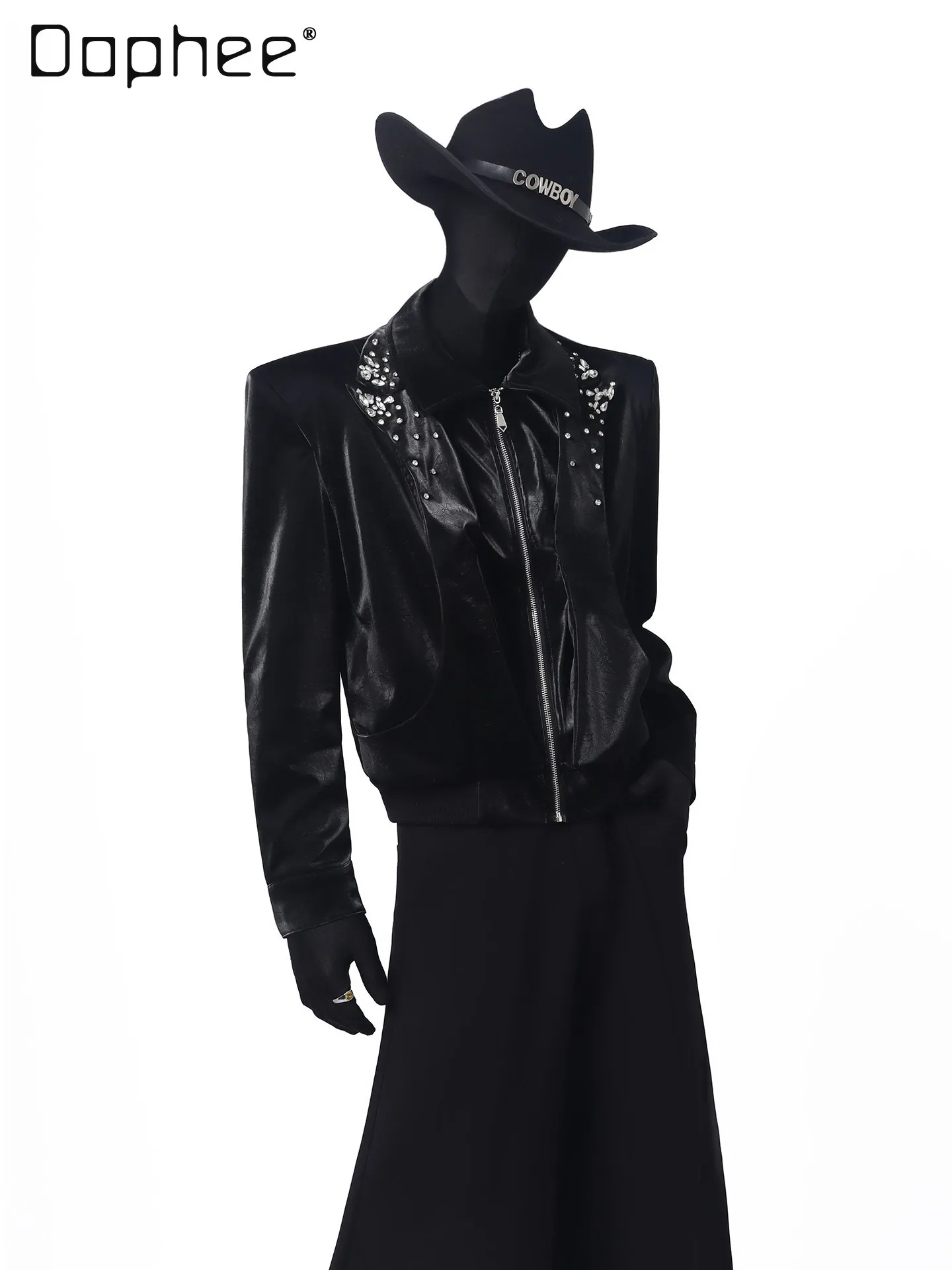 

Spring Autum American Dark Street Punk Style Cool Handsome Men's Diamond-encrusted Patchwork short Black Pu Leather Jacket