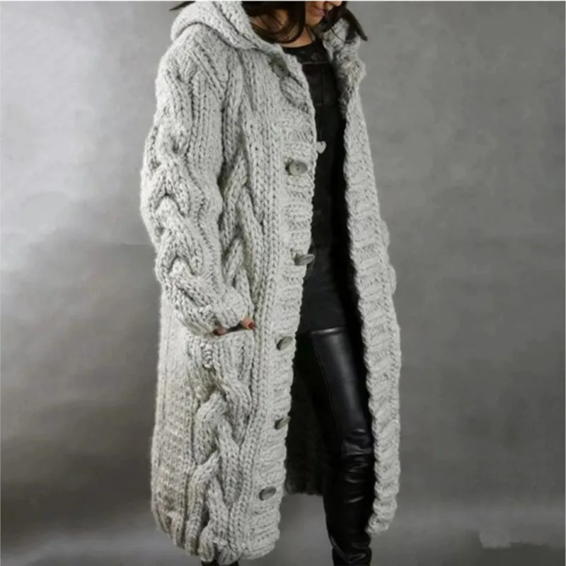 Autumn Winter Long Knitted Sweater Women's New Fashion Solid Color Hooded Button Cardigan Outerwear Ladies Comfort Warm Sweaters