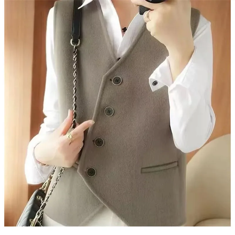 

Двусторонний шерстяной жилет, женское пальто, осень-зима 2022, новая куртка без рукавов, шерстяной жилет с v-образным вырезом, куртка, внутренний жилет