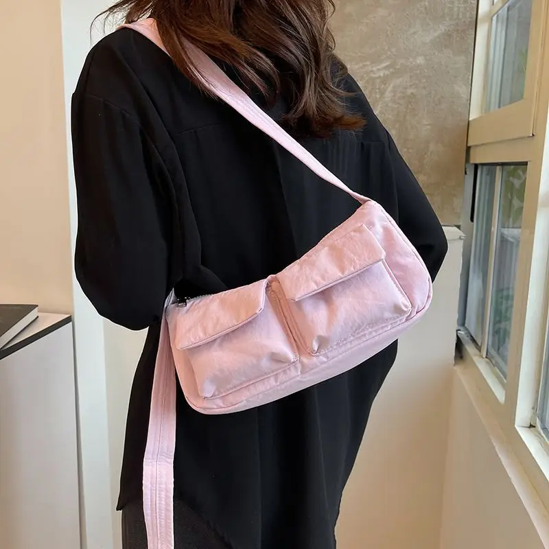 Women Bag Korean Sweet Nylon 2025 Simple Solid Soft Office Lady Shoulder Bags Pures and Bags Crossbody Handbag