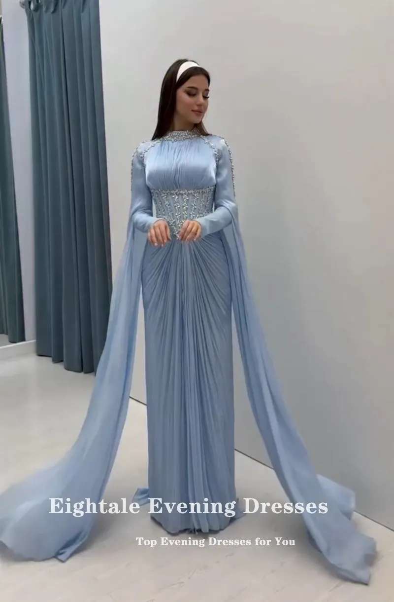 Eightale Arabic Evening Dress High Neck Crepe Customized Muslim Light Blue Beaded Rhinestones Prom Wedding Party Gown