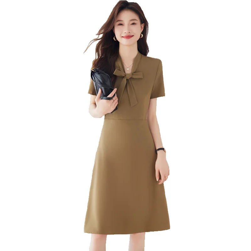 Summer Dresses With Bow Tie Short Sleeve 2024 OL Styles Women Business Work Wear Female Knee-Length Dress Vestidos Slim Hips