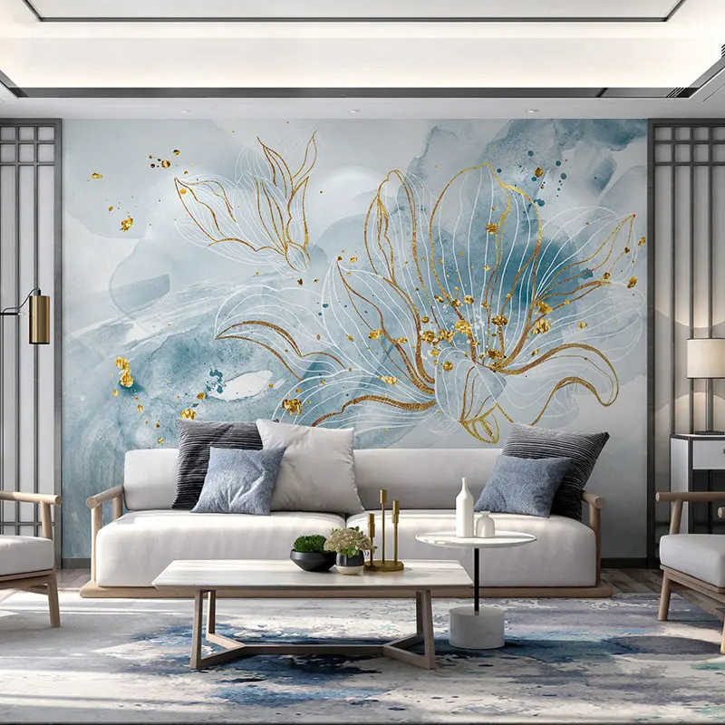 Customized products New Chinese abstract living room lily flower wallpaper light luxury modern golden line mural papel DE parede