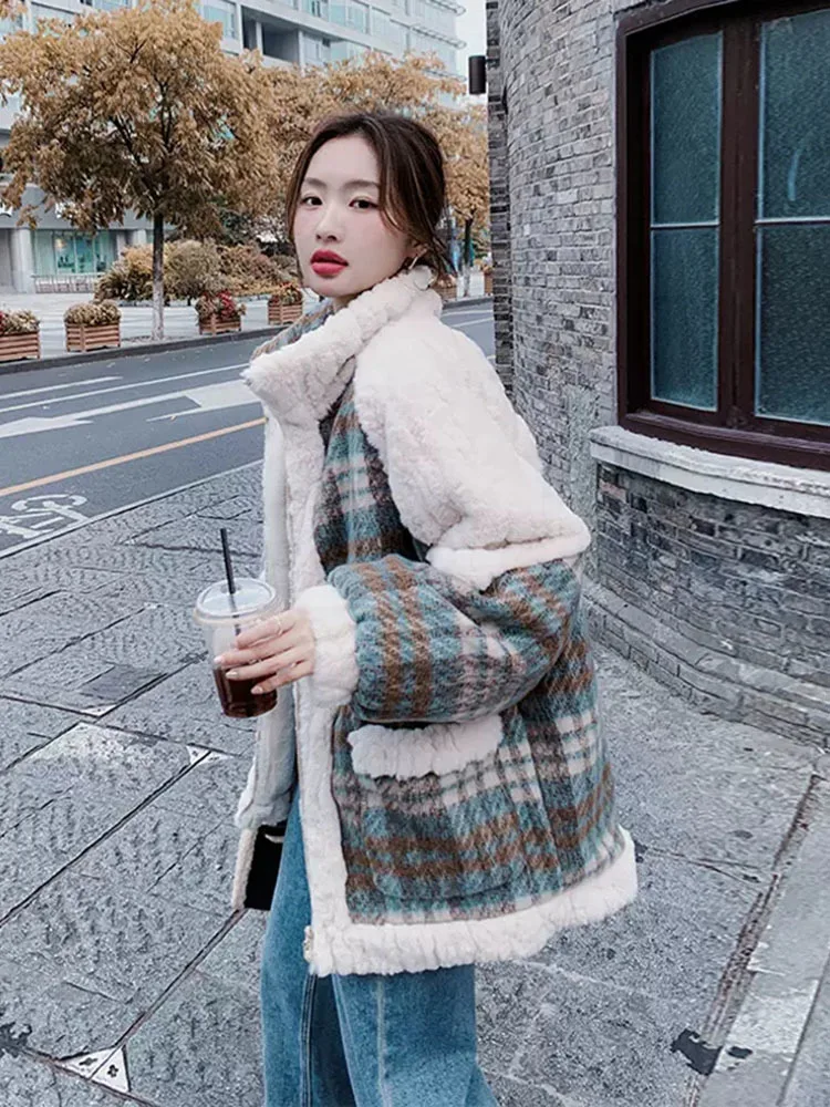 

Plaid Lamb Wool Coat Women's Short 2023 Autumn Winter Wild New Korean Version Of Loose Woolen Thick Velvet Coat