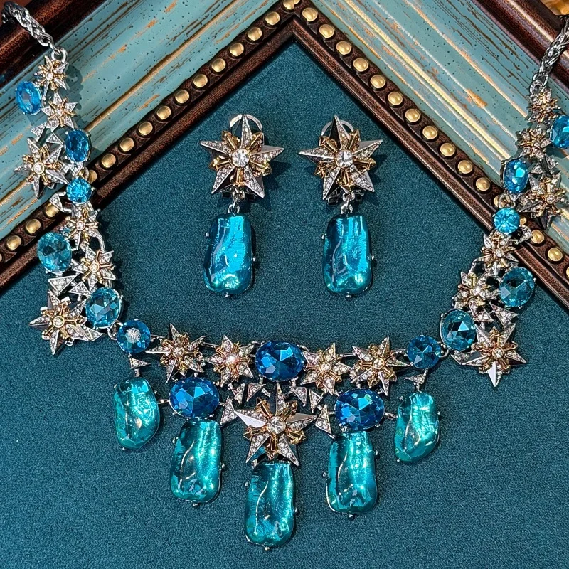 Vintage Pentagram Alien Blue Glass Rhinestone Jewelry Sets Luxury Natural Stone For Woman Necklace Earrings Party Gift 2026 New