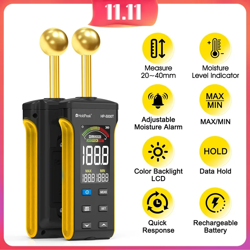 Pinless Moisture Meter with Ball Probe & Color LCD, 0~70% RH Range, Alarm Function for Wood/Walls/Concrete/Masonry/Gypsum