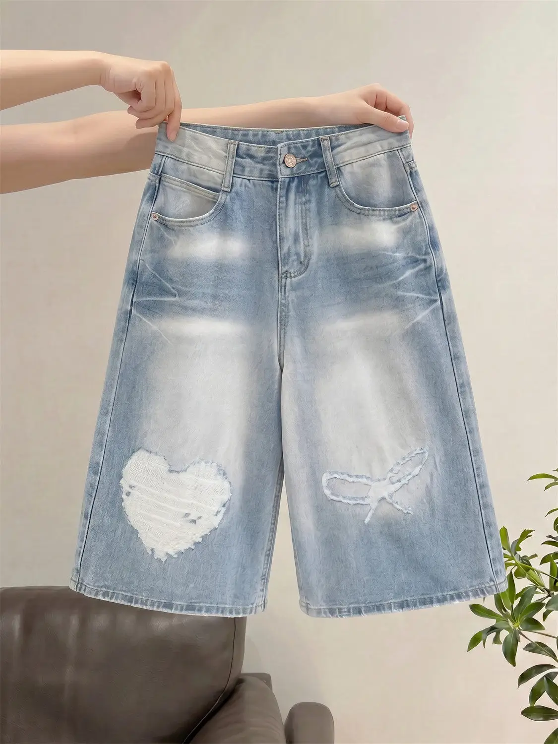 Calças Jeans Retrô Coreanas com Laço de Borboleta, Soltas, Casuais, de Perna Reta e Larga, até o Meio da Panturrilha, para Ho...