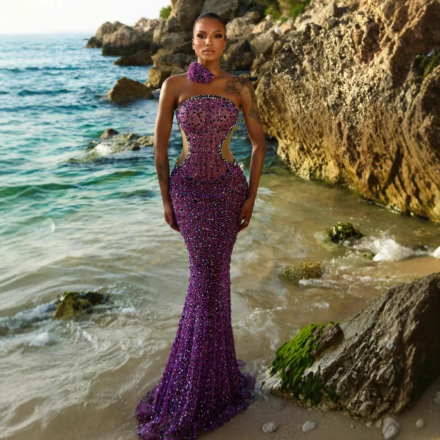 فساتين سهرة بحورية البحر بالترتر الأرجواني بدون حمالات للنساء لؤلؤ السجادة الحمراء للحفلات الراقصة فستان فاخر للحفلات في دبي رداء Du Soir 2026 #3