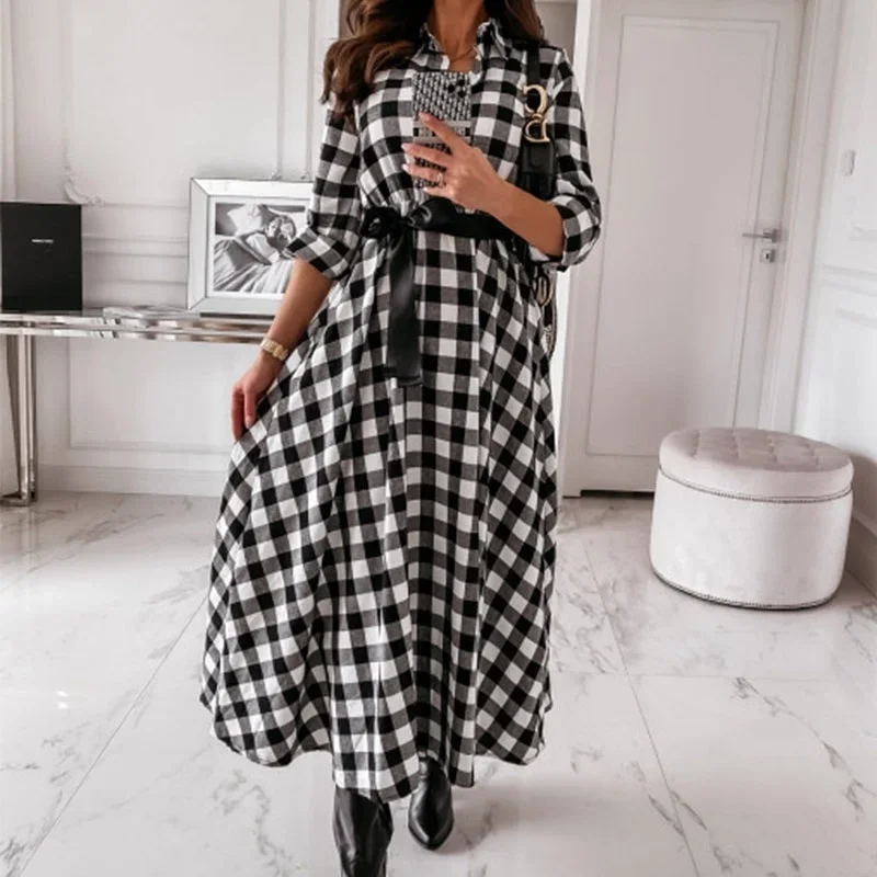 

2024 Plaid Print Shirt Dress Retro Women Autumn Vintage Turn-Down Collar Long Party Dress New Female Fashion Spring Long Sleeve