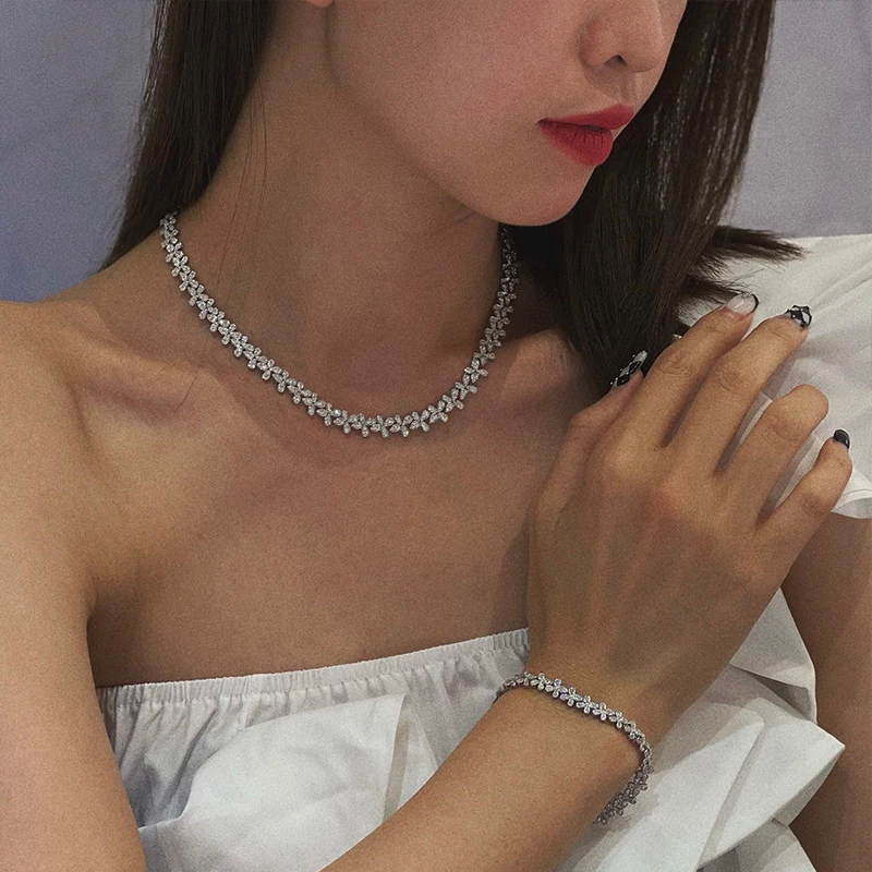 Aazuo 18K White Gold Real Diamonds Senior Banquet Jewelry Set Weave Necklace Bracelet Gift For Women Engagement Wedding Party