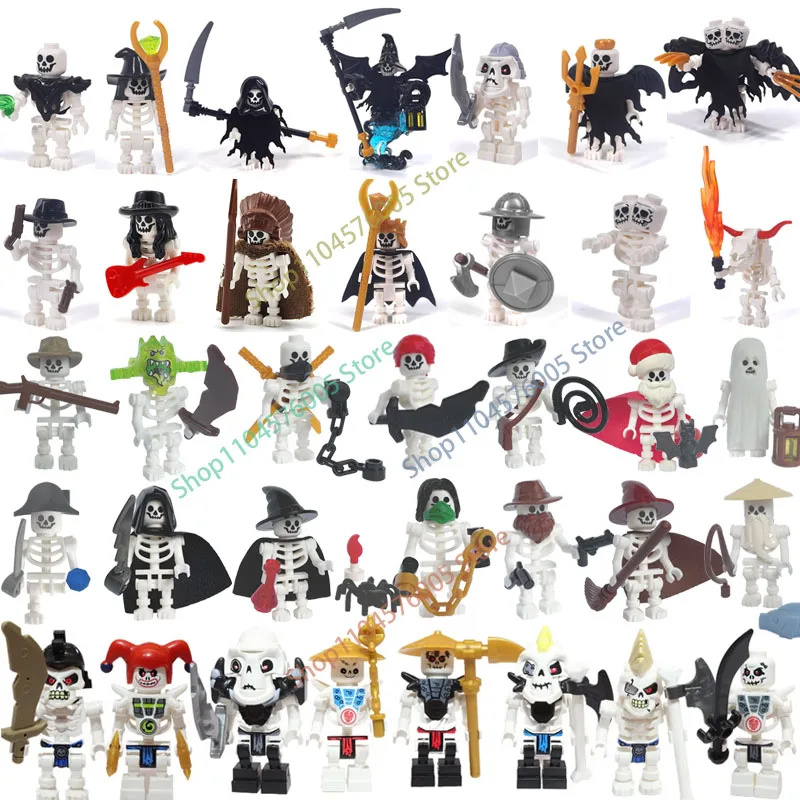 MOC-figuras del ejército de esqueleto de Halloween, bloques de construcción, personaje General, soldado, rey, cantante, esqueleto de bruja, juguete de ladrillo ensamblado DIY