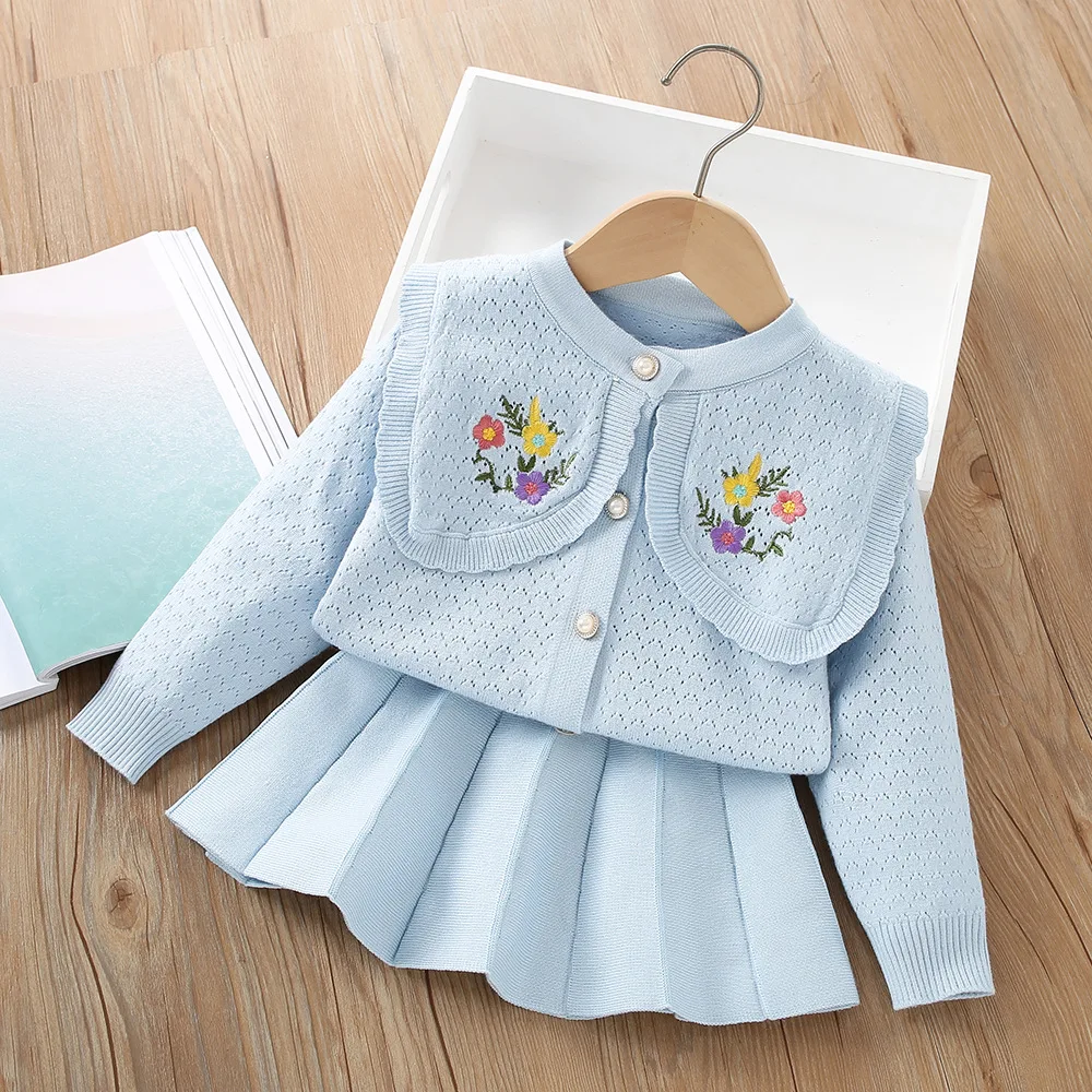 

Girls Woolen Jersey Clothes Sets Spring Autumn Children Knitted Sweaters Coats Skirts 2pcs Dress Suit For Baby Outfits Kids 5 6Y