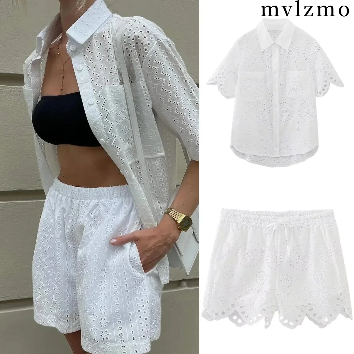 2025 Spring/Summer Set Ladies Embroidered Lace Cutout Shirt Vacation Day Jumpsuit Shirt Cutout Top + Cutout Lace Shorts