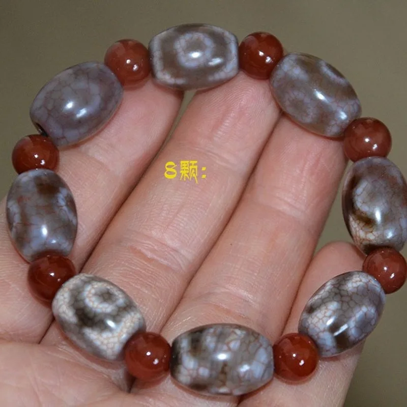 Natural Three-Eye Dzi Bead With Weathered Pattern And Blood Streaks, Tibetan-Style Ethnic Bracelet