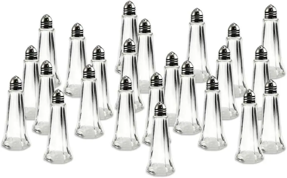 TrueCraftware- 1 oz. Tower Salt Pepper Shakers Set of 24- Stainless Steel Top and Glass Body Salt Shaker Salt Pepper Shakers Gla