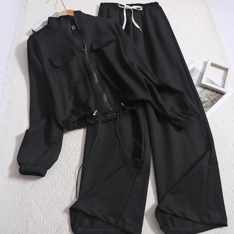 

Woman Stand Up Collar Zipper Pocket Drawstring Long Sleeved Top and Lace Up Elastic Wide Leg Pants Fashion New Two-Piece Set