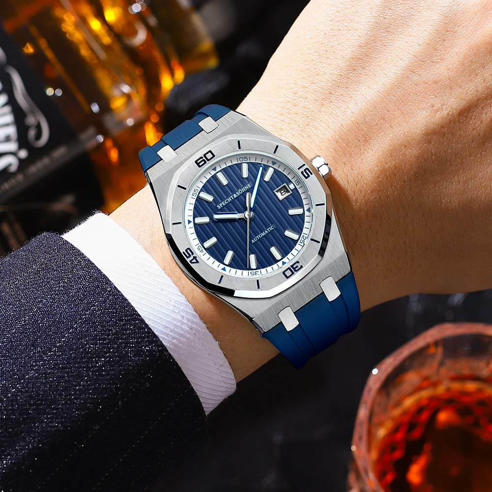 Specht&Sohne New Classic Men\'s Watch 50M Waterproof Luminous Sapphire Crystal Blue Automatic Mechanical Watches Reloj Hombre