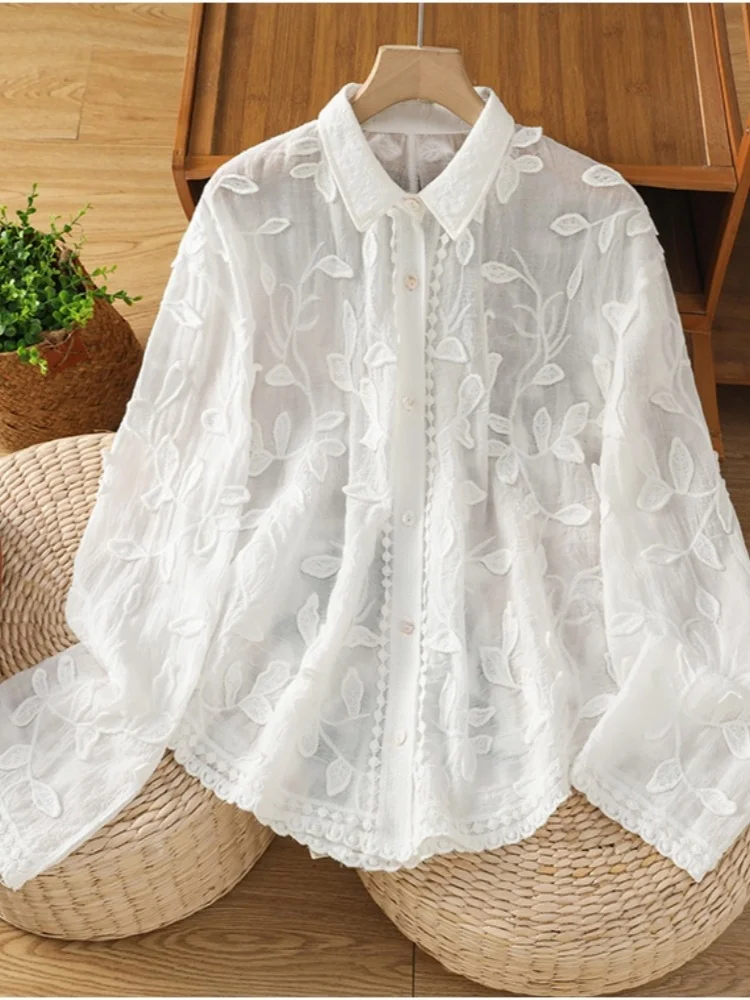 

SMTHMA 2025 Spring Gentle Women Blouse Leaves Embroidery Single Breasted Long Sleeves Summer Thin Streetwear Casual Shirt