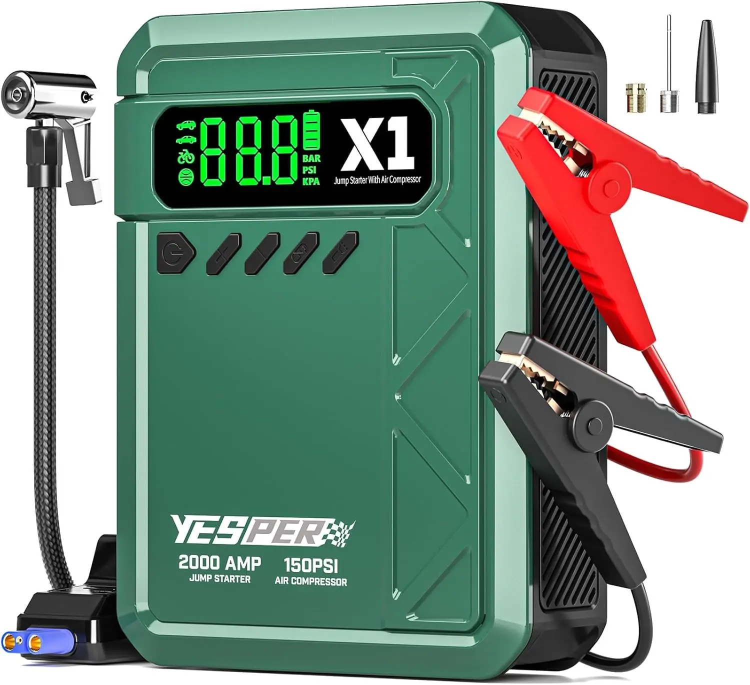 

2000A Portable Jump Starter with Air Compressor, 12V Battery Charger for Cars up to 8L Gas/6L Diesel, LCD Display & Lights
