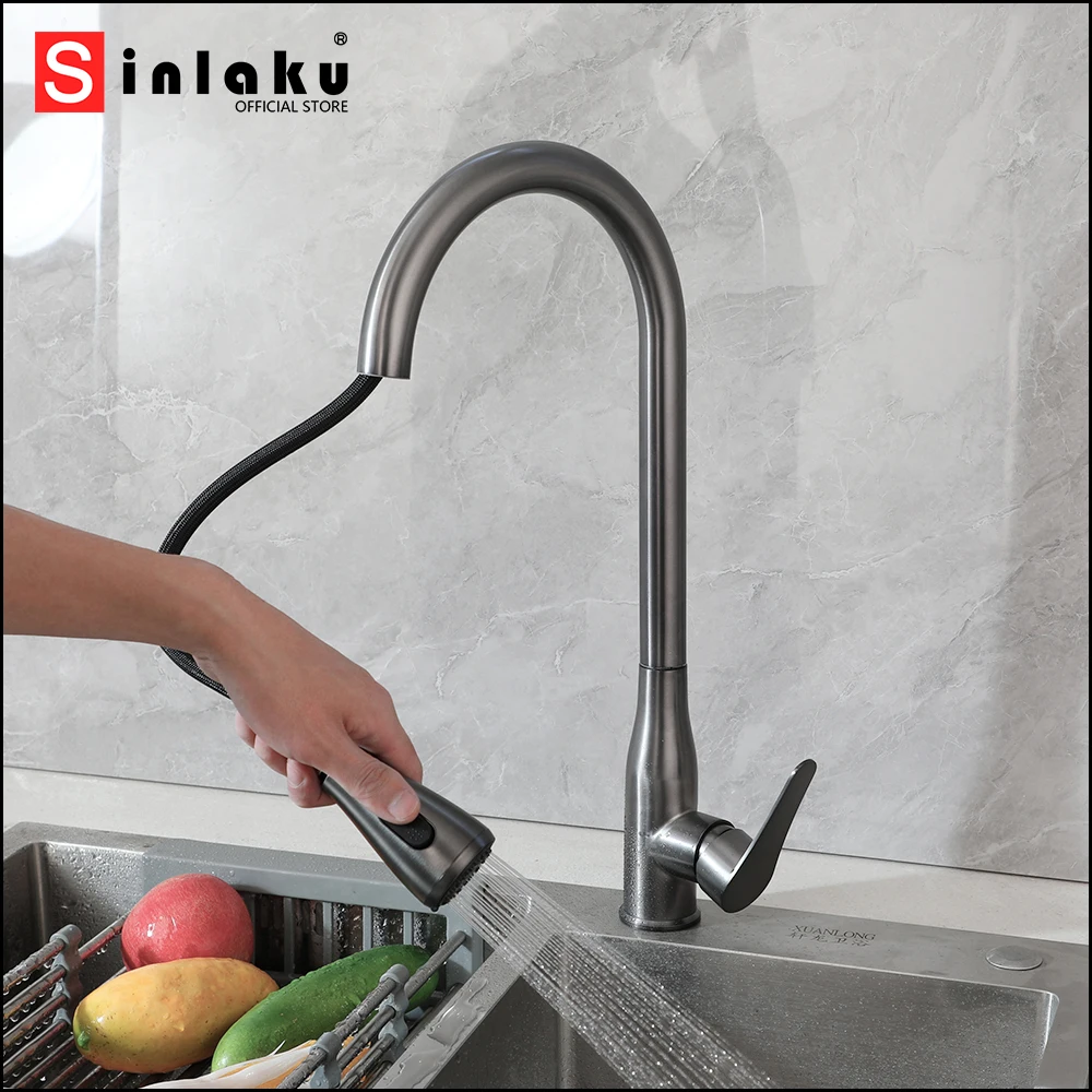 

SINLAKU Deck Mounted Brushed Gun Grey Kitchen Sink Faucet Pull Out Water Outlet Multi-Function Rainfall And Stream Mixer Taps