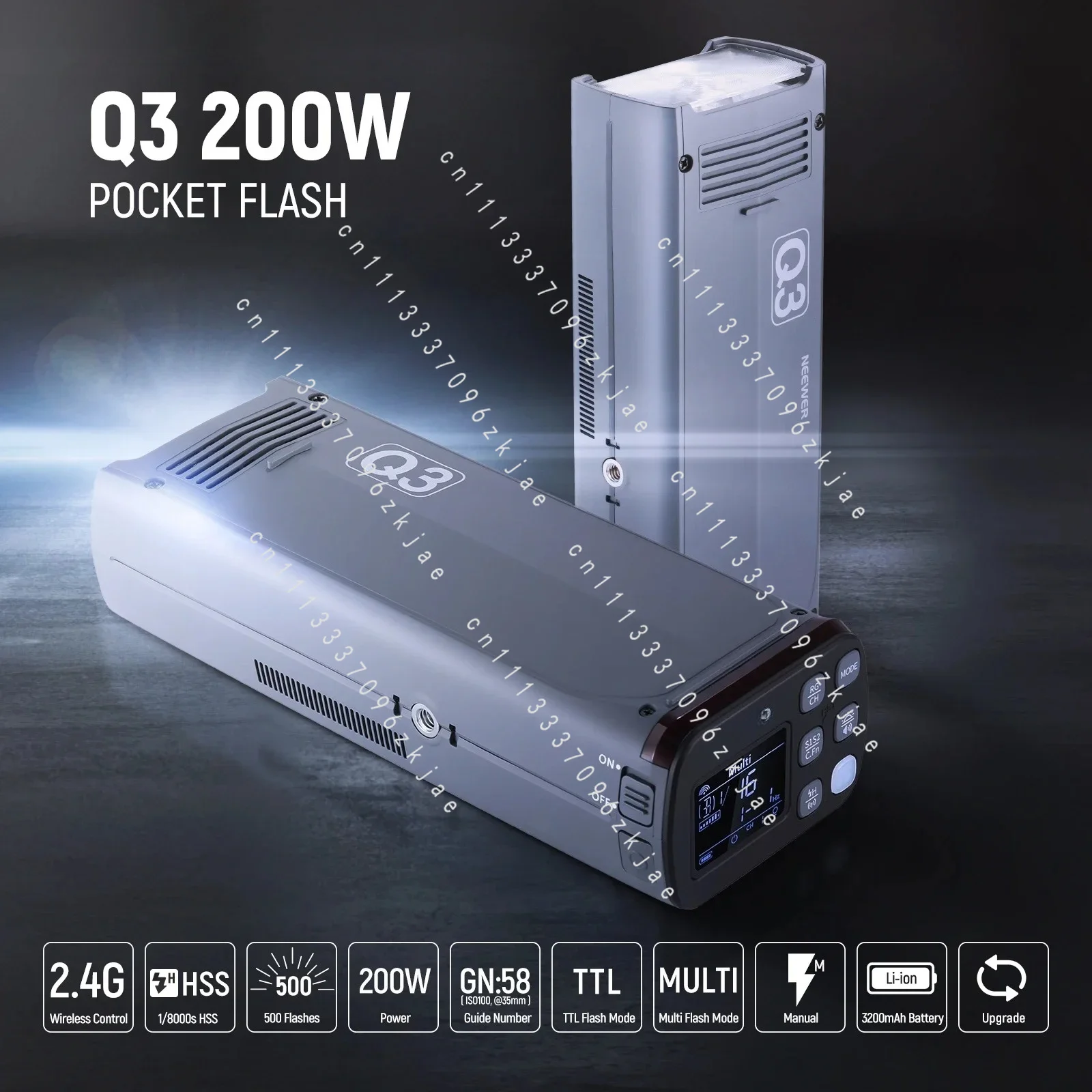 Q3 200Ws 2.4G TTL Flash Strobe 1/8000 HSS Cordless Monolight with 3200mAh Lithium Battery To Cover 500 Full Power Shots
