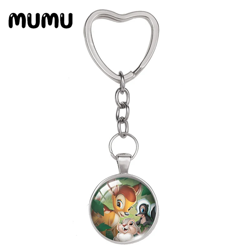 2024 New Bambi with Friends Heart Keyring Funny Keychain Glass Dome Cabochon Jewelry Gifts Children