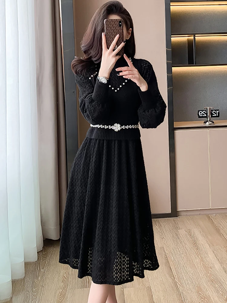 Women Fashion Plaid Hollow Out Bodycon Beading Long Dress 2024 Luxury Elegant Sweater Dress Autun Winter Korean Casual Vestidos