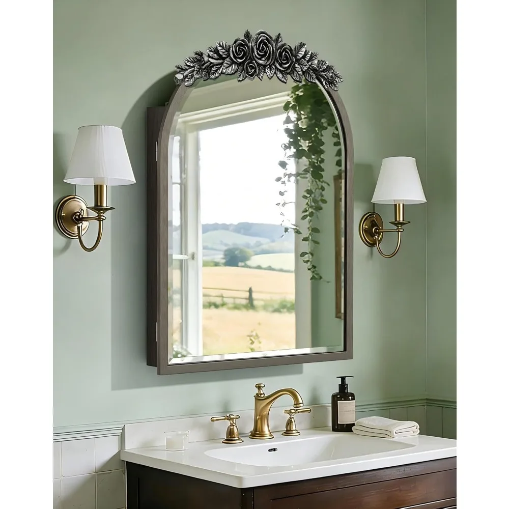Silver Arch Frame Wall Mounted Medicine Cabinet with Mirror Rose Top 30x19 inch