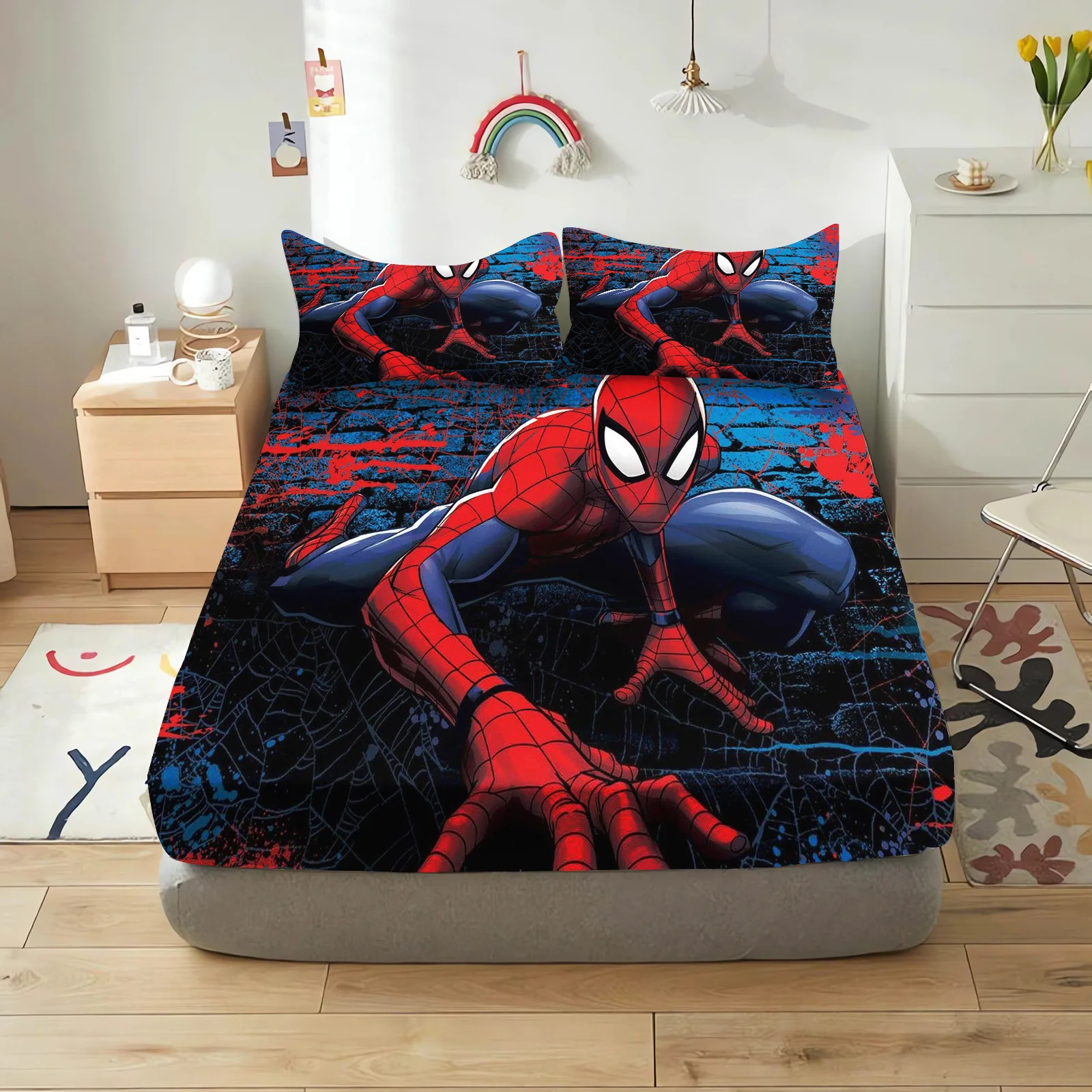 SpiderMan 2/3pcs Bedding Set Fitted Sheet Printed 100% Polyester Anime Home Decor Suitable For Children And Adults