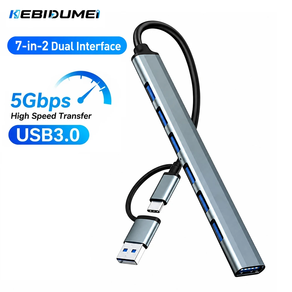 KEBIDUMEI 7 in 2 USB 3.0 Hub 5Gbps High Speed Aluminium Alloy 7 Ports USB Hub USB Splitter Adapter OTG for PC Laptop Macbook Pro