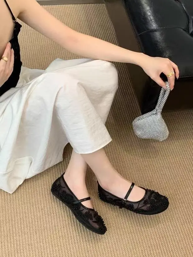 Mesh Embroidery String Bead Design Women Ballet Flats Fashion Buckle Breathable Mary Jane Shoe Comfort Low Heel Soft Flat Sandal