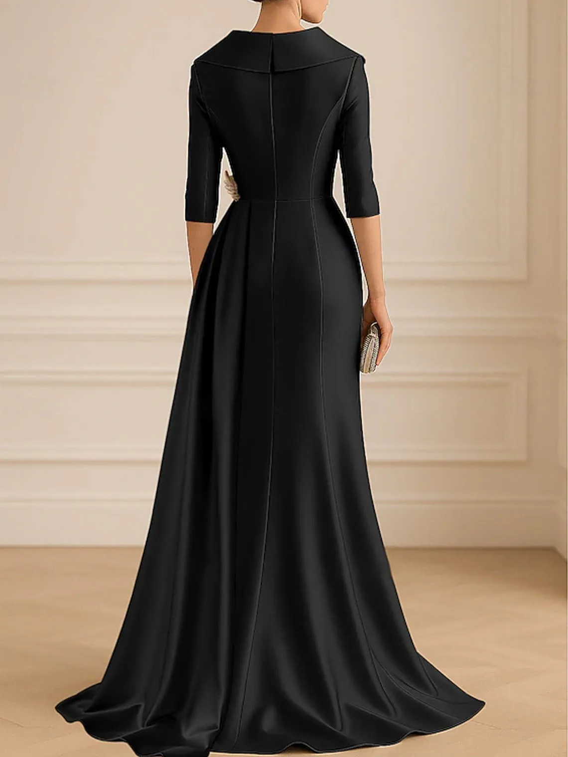 Elegante linha a tecido elástico vestido de baile camisa gola até o chão manga 3/4 plissado formal vestido de noite 2025 frete personalizado