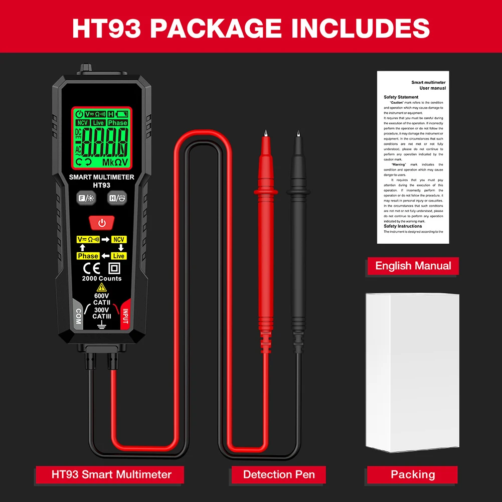 HT93 Multi-Function Digital Multimeter Handheld NCV DETECTION Smart Multimeter Instrument Detects A Weak Electric Field Signal