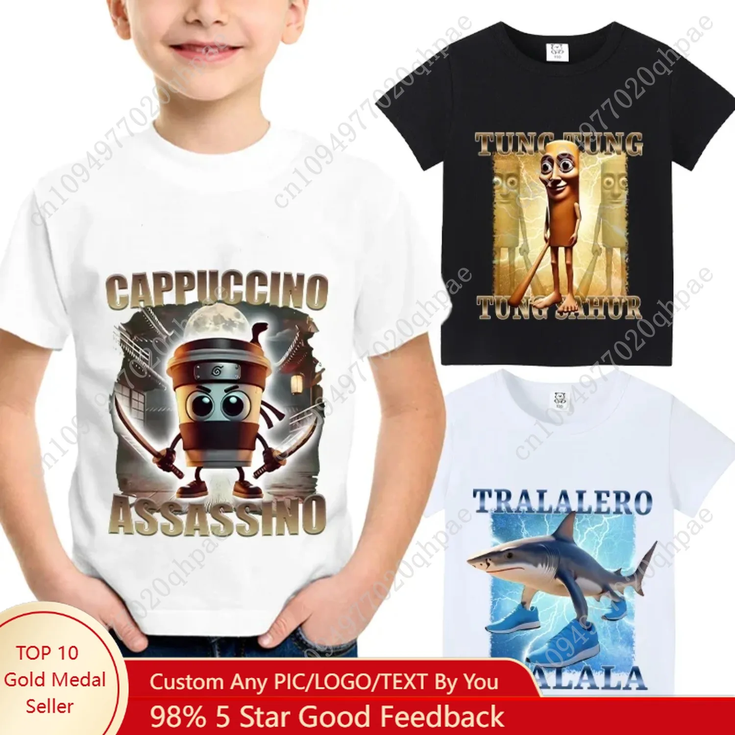 Camiseta à manches courtes pour enfants, animales cerveau italiano, capuchino Assassino, hauts pour enfants, mème fun, mignon, v
