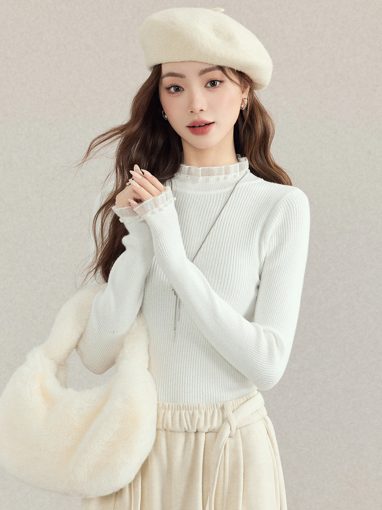 

White f High Collar Knitted Sweater Women's Inner Lace Trim Autumn Winter New Design Sensation Base Layer Knitwear Top