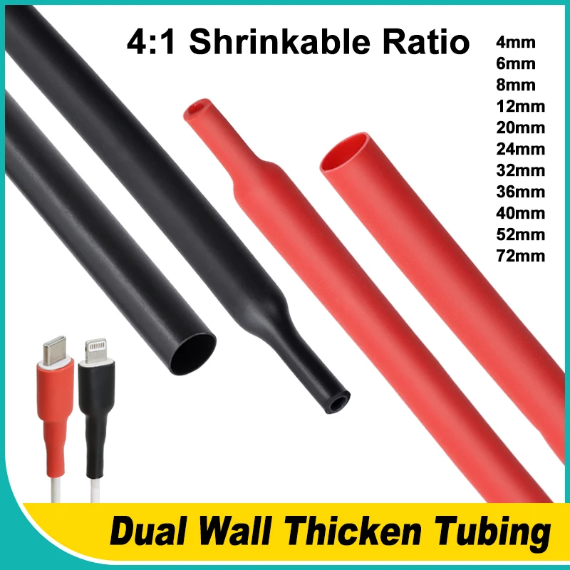 

1/2/5/8/10M Red Black 4:1 Heat Shrink Tube With Glue Diameter 4mm ~ 72mm Dual Wall ﻿Shrinkable Tubing DIY Cable Protector Sleeve