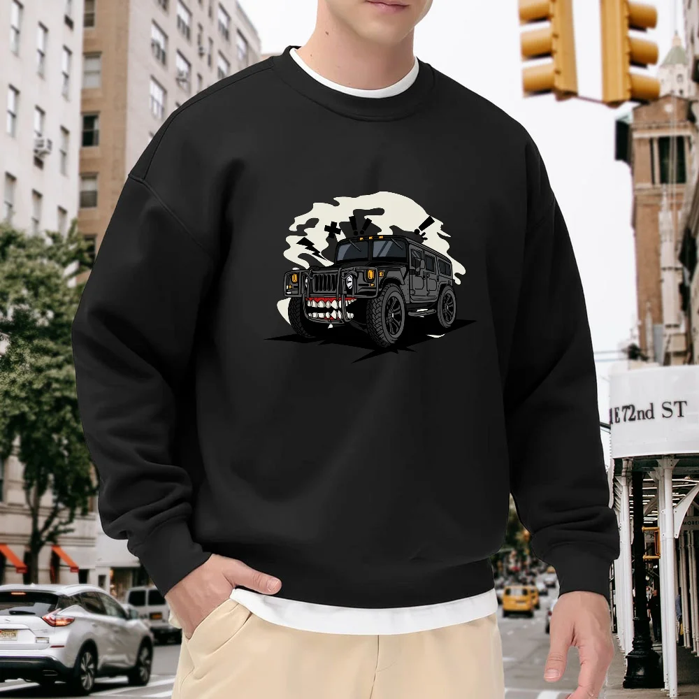 

Men's Black Crew Neck Loose Sweatshirt with Cartoon Car Print, Casual Top for Everyday Street Style, Versatile for Sports, Comfortable, Breathable, Trendy Item