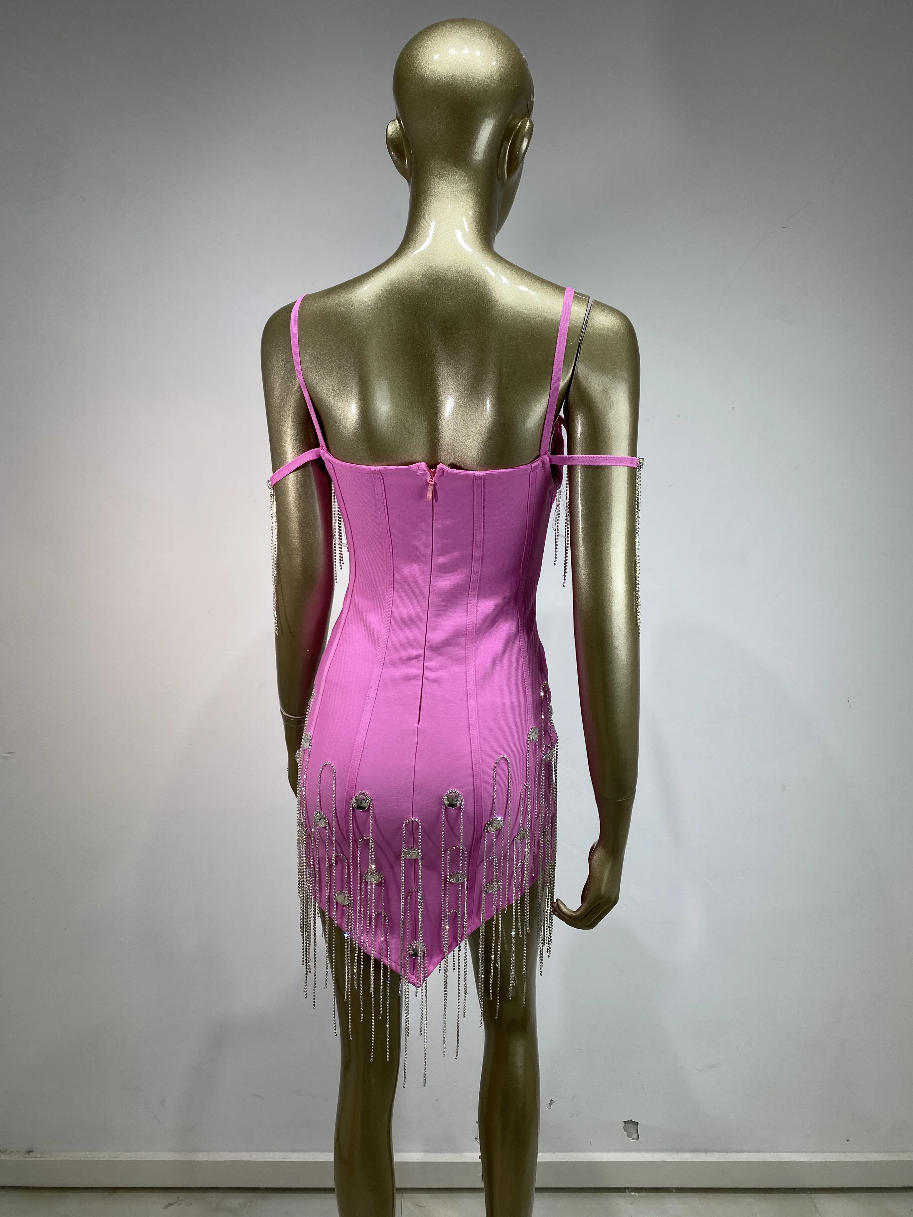 Women Luxury Birthday Dress Pink Spaghetti Strap Diamonds Tassel V Neck Bodycon Mini Celebrity Evening Club Party Dresses