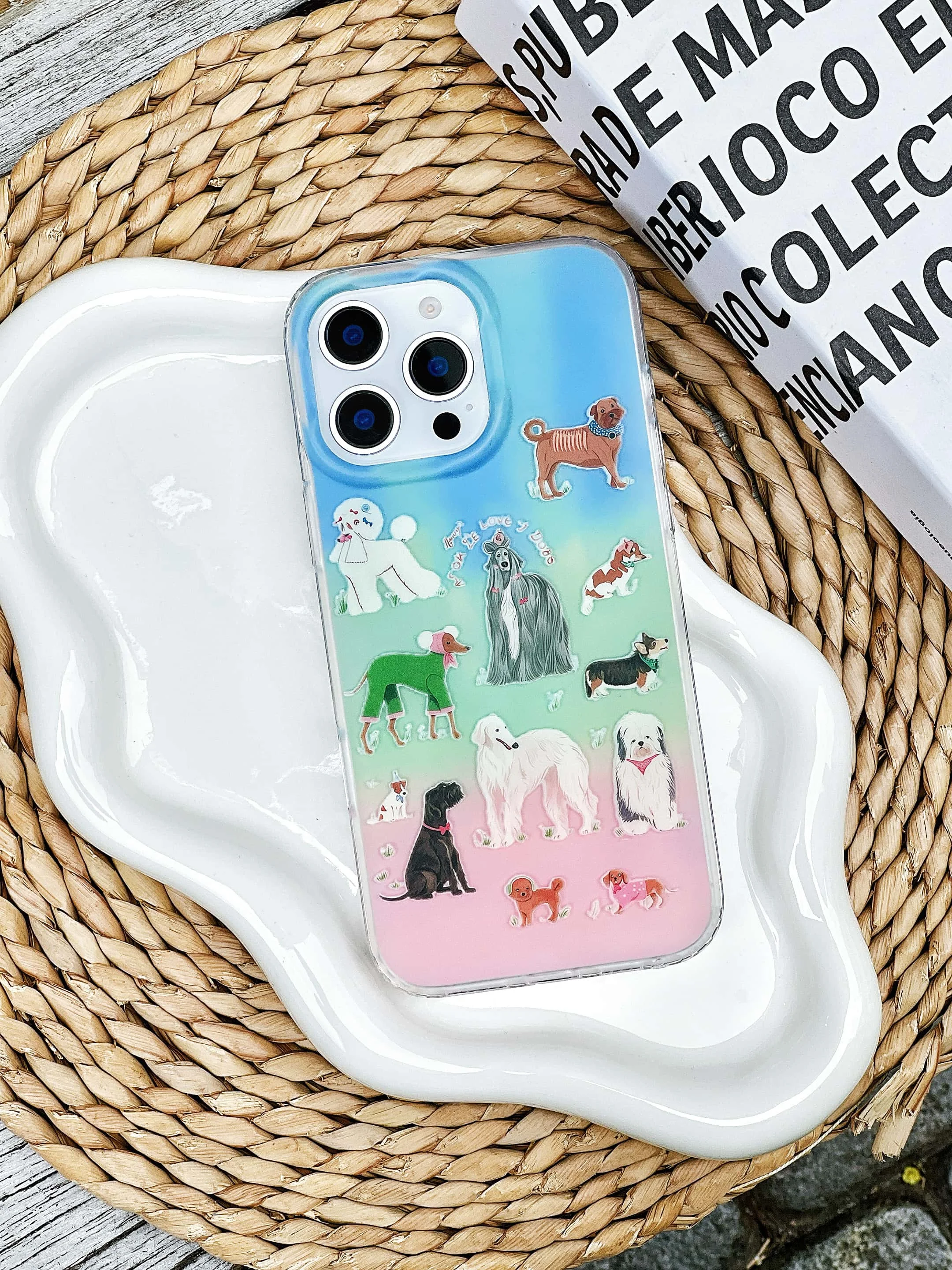 

Gradation Green Pink Blue Cute Cartoon Dog Puppy Pet Frosted Creativity Phone Case For iPhone13 14 15 16 Pro Max Anti Drop Case