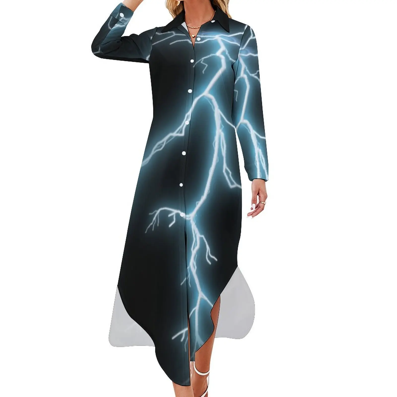 

Lightning Bolt Strike Long Sleeved Shirt Dress evening dress ladies Woman fashion