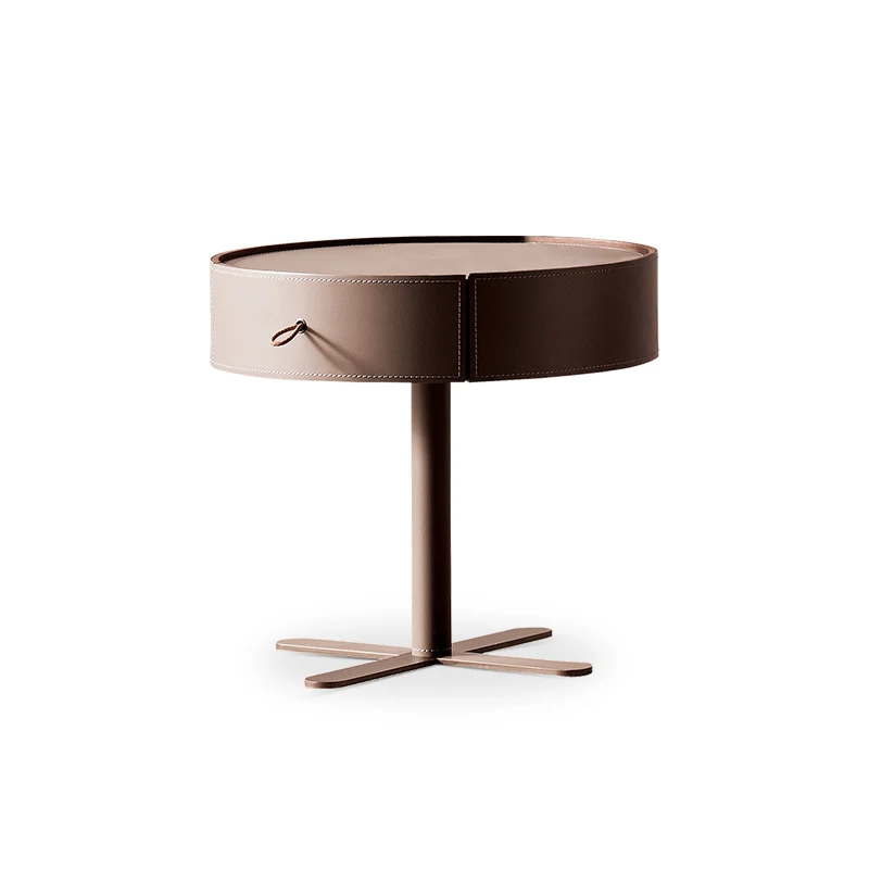 Saddle Leather Bedside Table Modern Minimalist Designer Model Bedroom Light Luxury round Bedside Cabinet