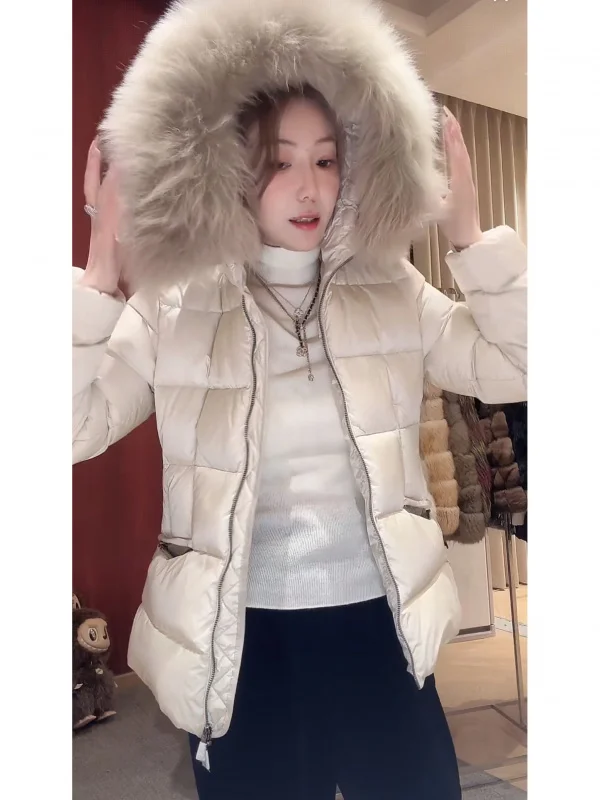

Faionable Warmth down Jaet Straight Charge Luxury Lightweight Winter Coat White Goose down Thiened Mid-Length with Hood