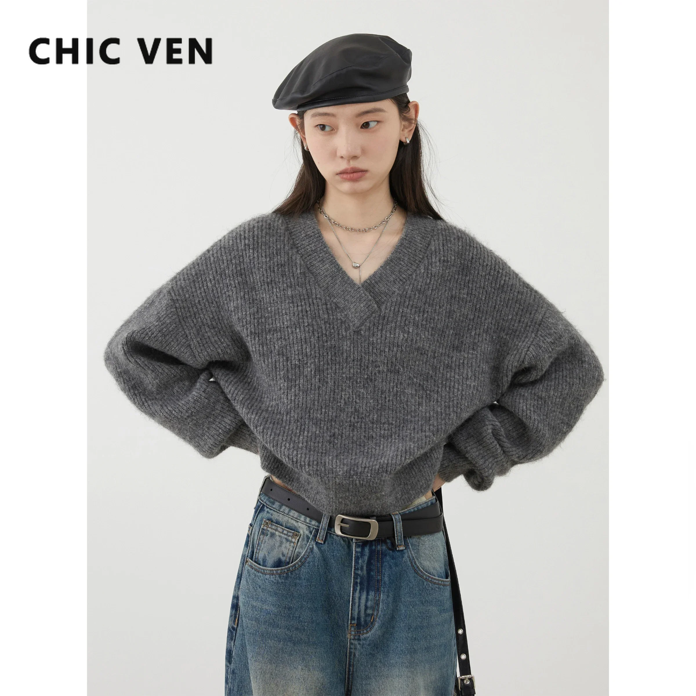 CHIC VEN Women\'s Long Sleeved Sweater Solid Loose V-neck Short Knit Woman Jumpers Female Pullover Autumn Winter 2024