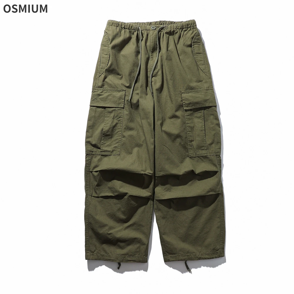 

Overalls Men American Fashion Breeches Loose Functional Outdoor Pleated Wide-leg Shorts Casual Drawstring Green Cropped Pants