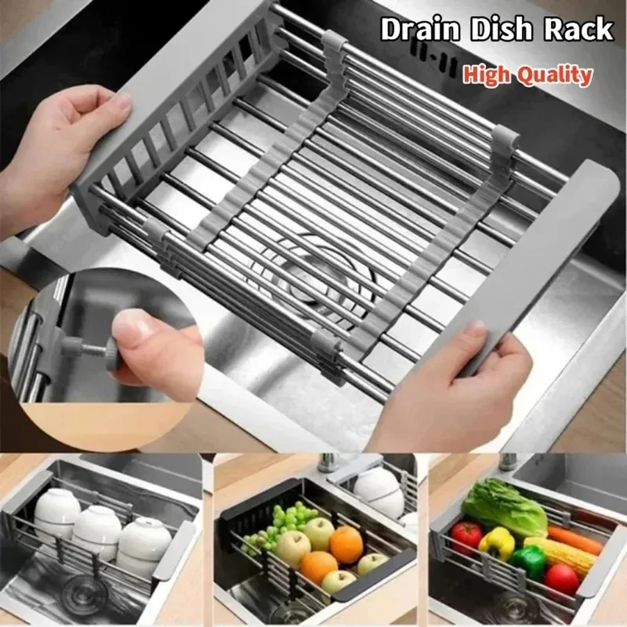 

1 Adjustable Drain Rack, Stainless Steel Sink Drain Rack, Fruit and Vegetable Drain Basket, Kitchen Retractable Drying Rack